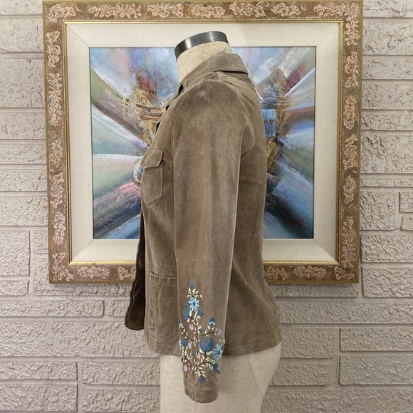 J. Jill Embroidered Sleeves Suede Leather Jacket - Picture 3 of 12